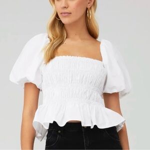 Astr White Smocked Off-Shoulder Puff Sleeve Top